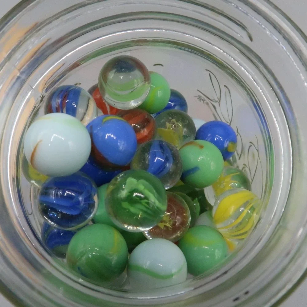 Jar Lot of Vintage Glass Marbles Large and Small Cats Eye Swirl Ribbon